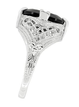 Art Deco Filigree Oval Black Onyx Ring in 14 Karat White Gold - Item: R137ON - Image: 2