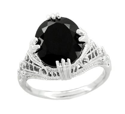 Art Deco Filigree Oval Black Onyx Ring in 14 Karat White Gold - Item: R137ON - Image: 4