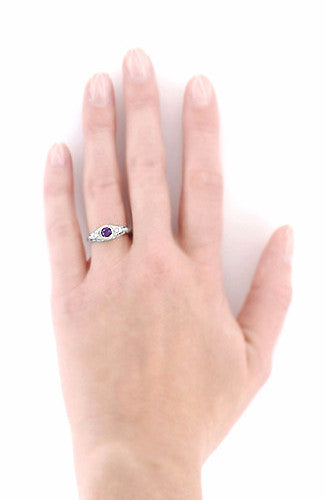 Art Deco Engraved Amethyst and Diamond Filigree Engagement Ring in 14 Karat White Gold - Item: R138AM - Image: 5