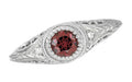Art Deco Engraved Rhodolite Garnet and Diamond Filigree Engagement Ring in 14 Karat White Gold