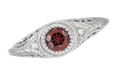 Art Deco Engraved Rhodolite Garnet and Diamond Filigree Engagement Ring in 14 Karat White Gold - Item: R138G - Image: 3