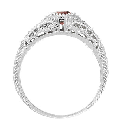 Art Deco Engraved Rhodolite Garnet and Diamond Filigree Engagement Ring in 14 Karat White Gold - Item: R138G - Image: 4