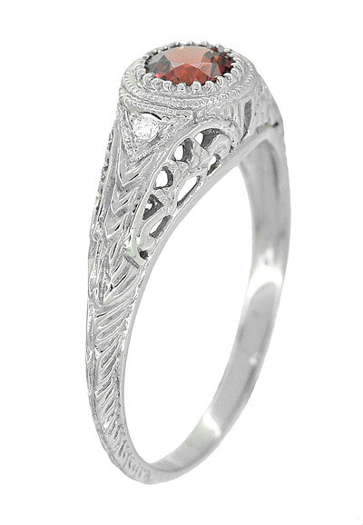 Art Deco Engraved Rhodolite Garnet and Diamond Filigree Engagement Ring in 14 Karat White Gold - Item: R138G - Image: 2