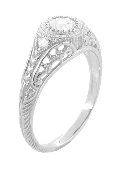 Art Deco Filigree White Sapphire Palladium Engagement Ring - Item: R138PDMWS - Image: 3