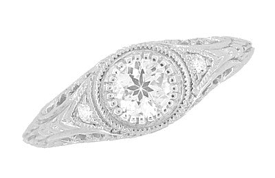 Art Deco Filigree White Sapphire Palladium Engagement Ring - Item: R138PDMWS - Image: 4