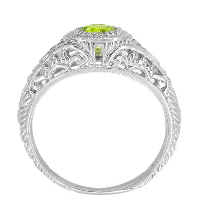 Art Deco Engraved Peridot and Diamond Filigree Ring in White Gold - Item: R138PER - Image: 5
