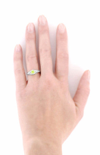 Art Deco Engraved Peridot and Diamond Filigree Ring in White Gold - Item: R138PER - Image: 6
