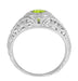 Art Deco Engraved Peridot and Diamond Filigree Engagement Ring in Platinum
