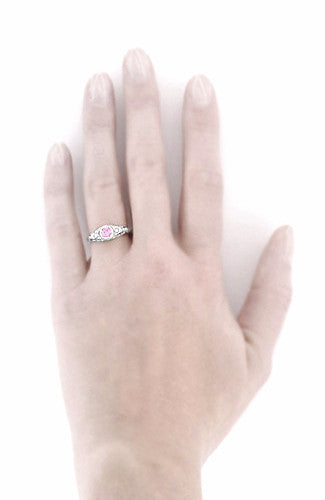 Art Deco Engraved Pink Sapphire and Diamond Filigree Engagement Ring in 14 Karat White Gold - Item: R138PS - Image: 5