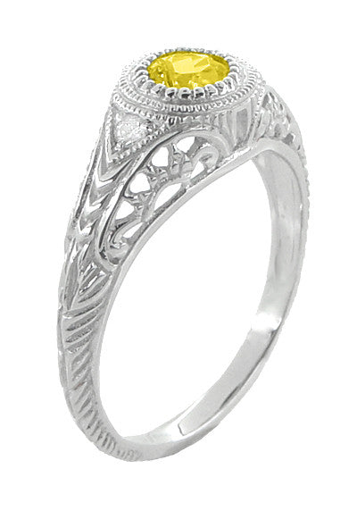 Art Deco Engraved Platinum Yellow Sapphire and Diamond Filigree Engagement Ring - Item: R138PYES - Image: 2