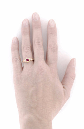 Art Deco Rhodolite Garnet and Diamonds Engraved Filigree Engagement Ring in 14 Karat Rose ( Pink ) Gold - Item: R138RG - Image: 5