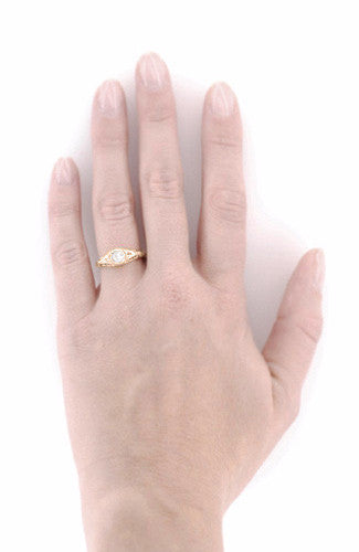 Art Deco Low Dome Filigree White Sapphire Engagement Ring in 14 Karat Rose Gold - Item: R138RWS - Image: 5