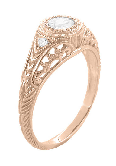 Art Deco Low Dome Filigree White Sapphire Engagement Ring in 14 Karat Rose Gold - alternate view