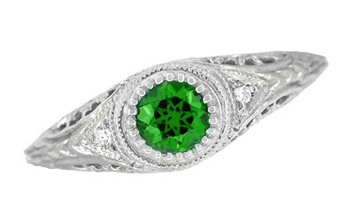 Art Deco Engraved Tsavorite Garnet and Diamond Filigree Engagement Ring in 14 Karat White Gold - Item: R138TS - Image: 4