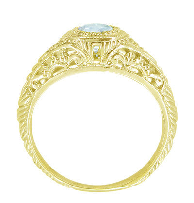 Art Deco Engraved Filigree Yellow Gold Aquamarine and Diamond Engagement Ring - Item: R138YA14 - Image: 3