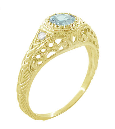 Art Deco Engraved Filigree Yellow Gold Aquamarine and Diamond Engagement Ring - Item: R138YA14 - Image: 2