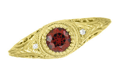 Yellow Gold Art Deco Engraved Almandite Garnet Filigree Engagement Ring With Side Diamonds - Item: R138YAG14 - Image: 2