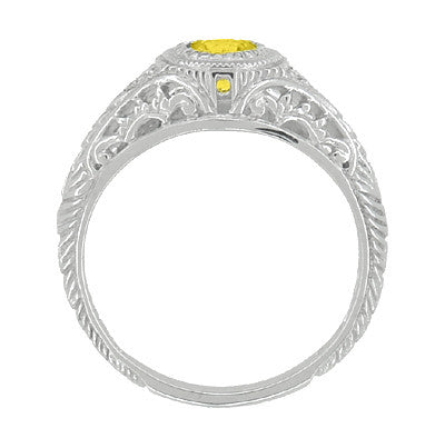 Art Deco Low Dome Yellow Sapphire and Side Diamond Filigree Engagement Ring in 14 Karat White Gold - Item: R138YES - Image: 3