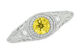 Art Deco Low Dome Yellow Sapphire and Side Diamond Filigree Engagement Ring in 14 Karat White Gold