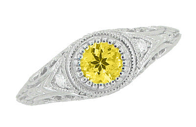 Art Deco Low Dome Yellow Sapphire and Side Diamond Filigree Engagement Ring in 14 Karat White Gold - Item: R138YES - Image: 4