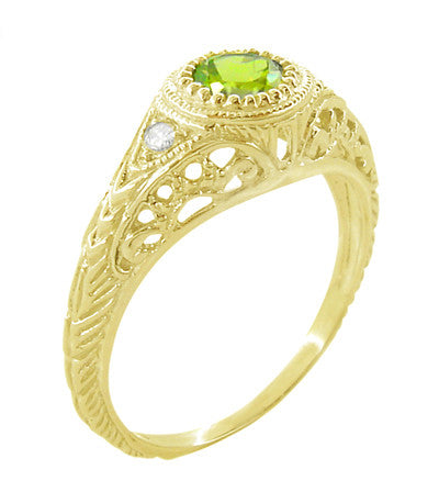 1920's Art Deco Yellow Gold Peridot and Diamond Filigree Engagement Ring - Item: R138YPER14 - Image: 3