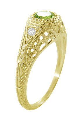 1920's Art Deco Yellow Gold Peridot and Diamond Filigree Engagement Ring - Item: R138YPER14 - Image: 4