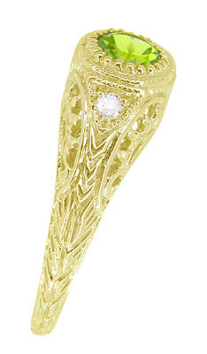 1920's Art Deco Yellow Gold Peridot and Diamond Filigree Engagement Ring - Item: R138YPER14 - Image: 5