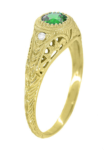 Art Deco Engraved Yellow Gold Tsavorite Garnet Filigree Engagement Ring with Side Diamonds - Item: R138YTS14 - Image: 2