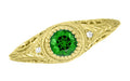 Art Deco Engraved Yellow Gold Tsavorite Garnet Filigree Engagement Ring with Side Diamonds