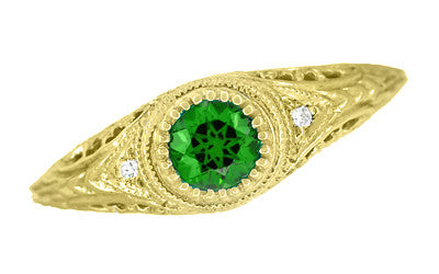 Art Deco Engraved Yellow Gold Tsavorite Garnet Filigree Engagement Ring with Side Diamonds - Item: R138YTS14 - Image: 4