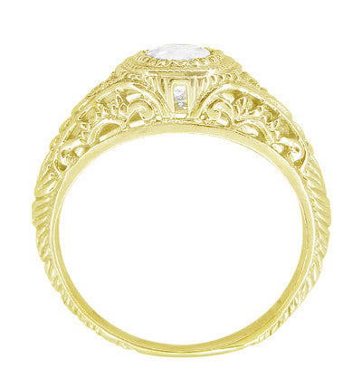 Yellow Gold Art Deco Filigree White Sapphire Engagement Ring - Item: R138YWS14 - Image: 3