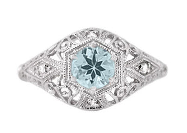 Edwardian Aquamarine and Diamonds Scroll Dome Filigree Engagement Ring in 14 Karat White Gold - alternate view