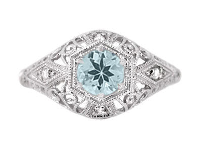 Edwardian Aquamarine and Diamonds Scroll Dome Filigree Engagement Ring in 14 Karat White Gold - Item: R139A - Image: 2