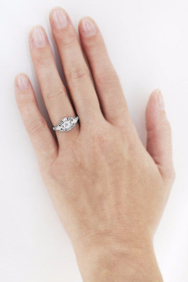 Edwardian Diamond Scroll Dome Filigree Engagement Ring in 14 Karat White Gold - Item: R139D-LC - Image: 5