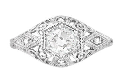 Edwardian Diamond Scroll Dome Filigree Engagement Ring in 14 Karat White Gold - Item: R139D-LC - Image: 2