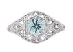 Edwardian Aquamarine and Diamonds Scroll Dome Filigree Engagement Ring in Platinum