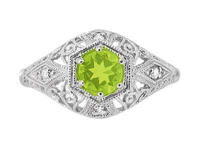 Peridot and Diamonds Filigree Scroll Dome Edwardian Engagement Ring in 14 Karat White Gold - Item: R139PER - Image: 2