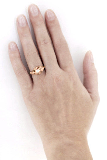 White Sapphire Filigree Scroll Dome Edwardian Engagement Ring in 14 Karat Rose Gold - Item: R139RWS - Image: 5