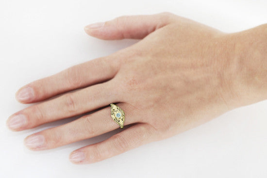 Edwardian Aquamarine and Diamonds Scroll Dome Filigree Engagement Ring in 14 Karat Yellow Gold - Item: R139YA - Image: 3