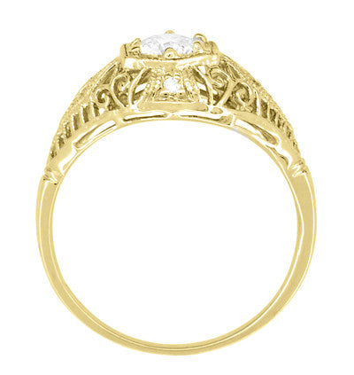Antique Style White Sapphire Scroll Dome Filigree Edwardian Engagement Ring in 14 Karat Yellow Gold - Item: R139YWS - Image: 4