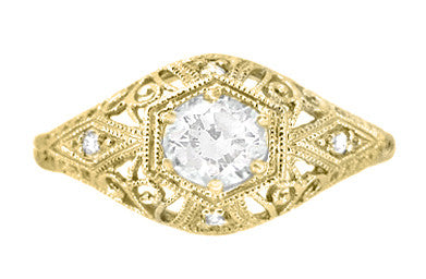 Antique Style White Sapphire Scroll Dome Filigree Edwardian Engagement Ring in 14 Karat Yellow Gold - Item: R139YWS - Image: 2