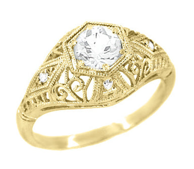Antique Style White Sapphire Scroll Dome Filigree Edwardian Engagement Ring in 14 Karat Yellow Gold