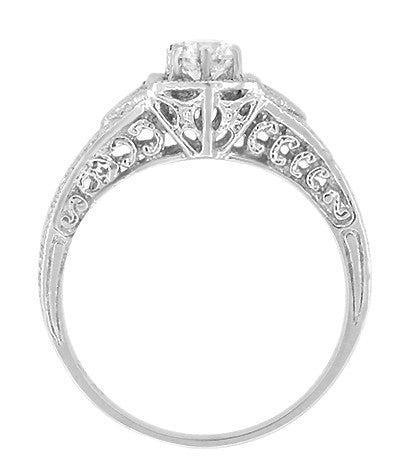 Art Deco White Sapphire Filigree Engraved Engagement Ring in Platinum - Item: R149PWS - Image: 3