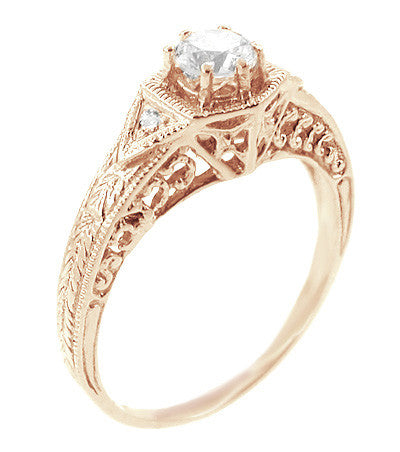 Art Deco White Sapphire Filigree Engraved Engagement Ring in 14 Karat Rose ( Pink ) Gold - Item: R149RWS - Image: 2