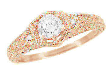 Art Deco White Sapphire Filigree Engraved Engagement Ring in 14 Karat Rose ( Pink ) Gold
