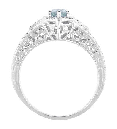 Art Deco Aquamarine Filigree Engraved Engagement Ring in 14 Karat White Gold with Side Diamonds - Item: R149WA - Image: 3