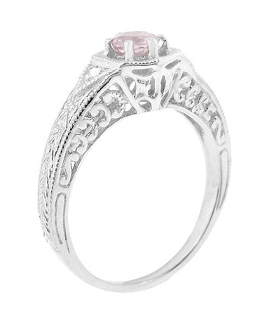 Art Deco Morganite and Diamond Filigree Engraved Engagement Ring in 14 Karat White Gold - alternate view
