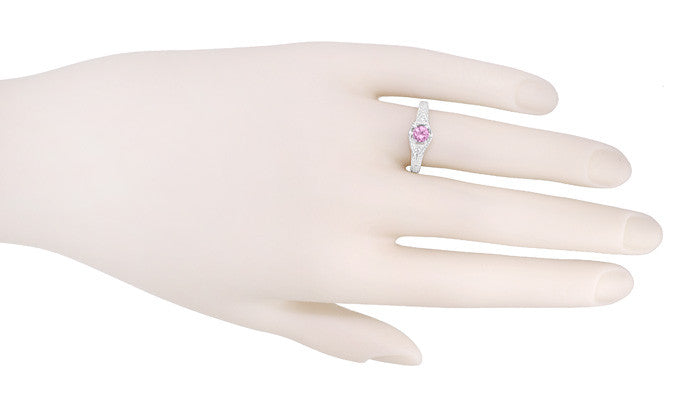 Art Deco Pink Sapphire and Diamond Filigree Engraved Engagement Ring in 14 Karat White Gold - Item: R149WPS - Image: 4