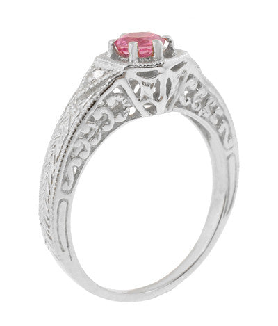 Art Deco Pink Sapphire and Diamond Filigree Engraved Engagement Ring in 14 Karat White Gold - Item: R149WPS - Image: 2