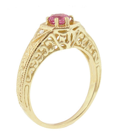 Art Deco Yellow Gold Pink Sapphire and Diamond Filigree Engraved Hexagon Engagement Ring - alternate view